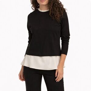 Anne Klein Top L Black Knit Cream Ruffle Blouse Hem Layered Chic Workwear NWT